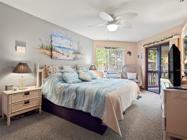 bedroom with carpet flooring, access to outside, a textured ceiling, and ceiling fan