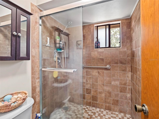 bathroom featuring walk in shower and toilet