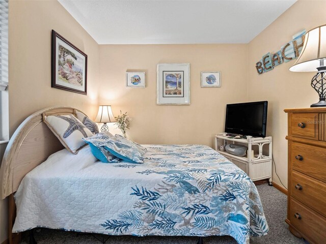 bedroom with dark colored carpet