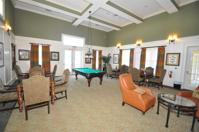 playroom featuring coffered ceiling, light colored carpet, billiards, french doors, and beamed ceiling