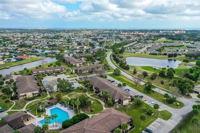 drone / aerial view featuring a water view