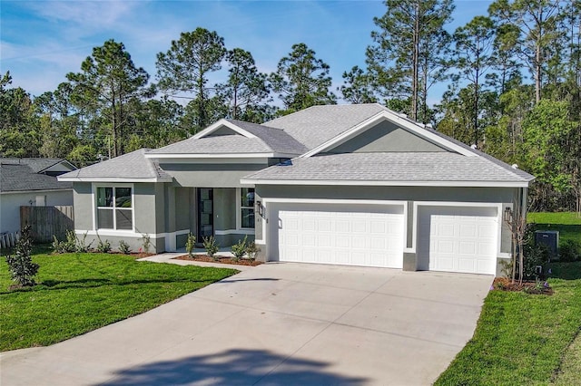 ranch-style house with a front lawn and a garage