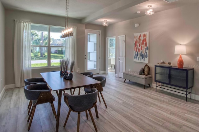 dining room with an inviting chandelier and light wood-type flooring