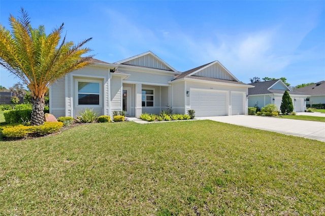 single story home featuring a front lawn and a garage