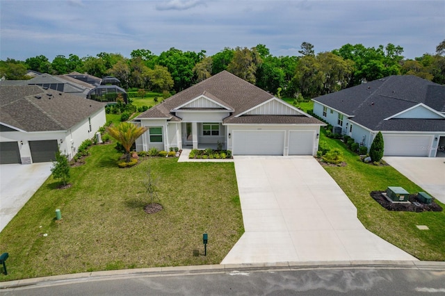 ranch-style home featuring a front yard and a garage