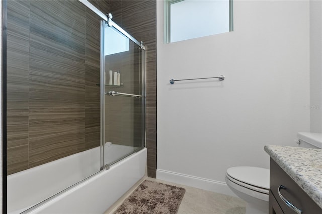 full bathroom with toilet, shower / bath combination with glass door, tile floors, and vanity