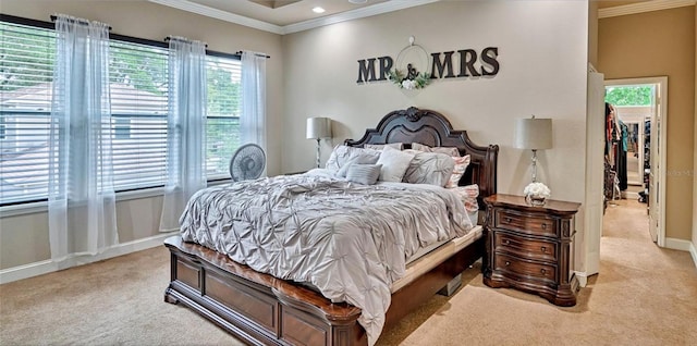 carpeted bedroom with crown molding