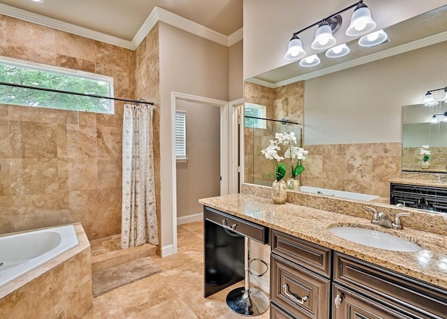 bathroom featuring a relaxing tiled bath, tile floors, large vanity, and crown molding