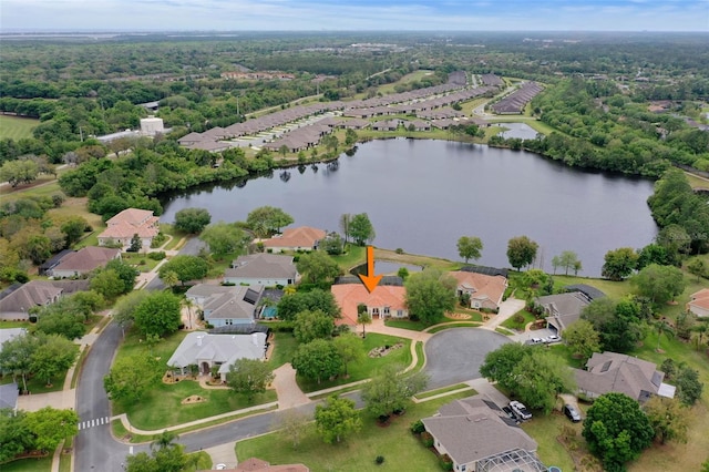 drone / aerial view with a water view