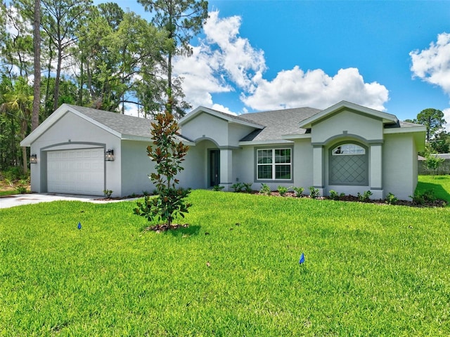 ranch-style house with a front yard and a garage