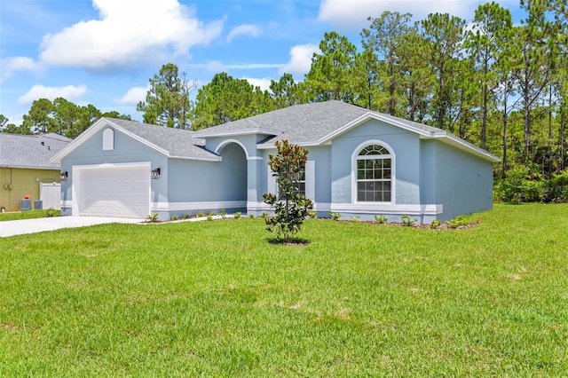 single story home with a front yard and a garage