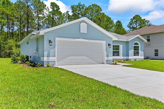 single story home with a garage and a front lawn