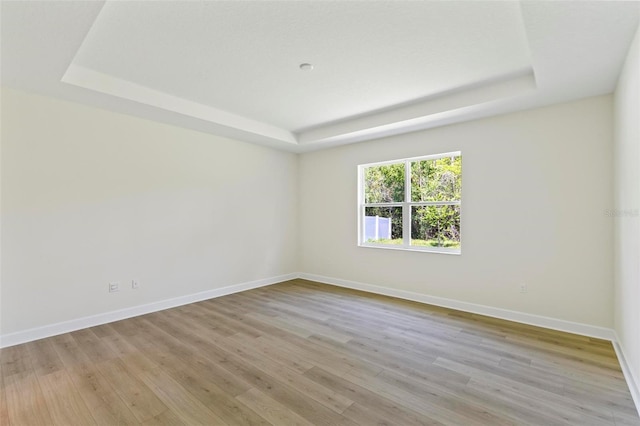 unfurnished room with a raised ceiling and light hardwood / wood-style floors