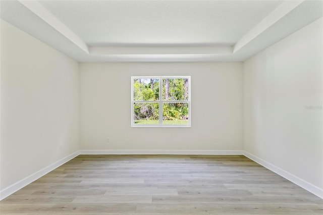 unfurnished room featuring a raised ceiling and light hardwood / wood-style floors