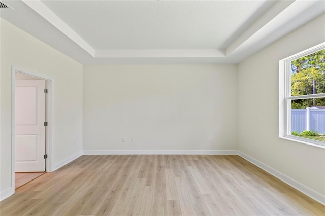 spare room featuring a raised ceiling and light hardwood / wood-style flooring