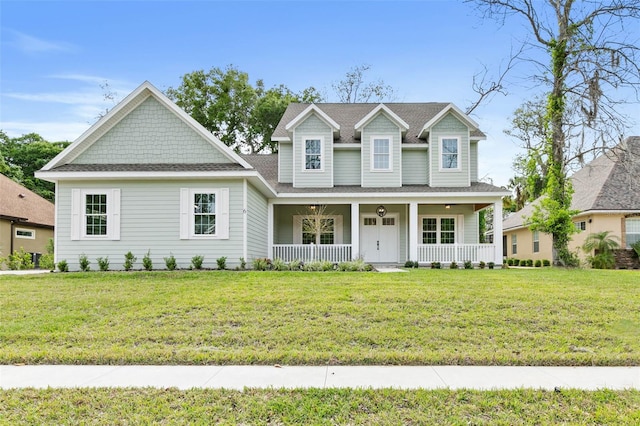 view of front facade featuring a front lawn and a porch