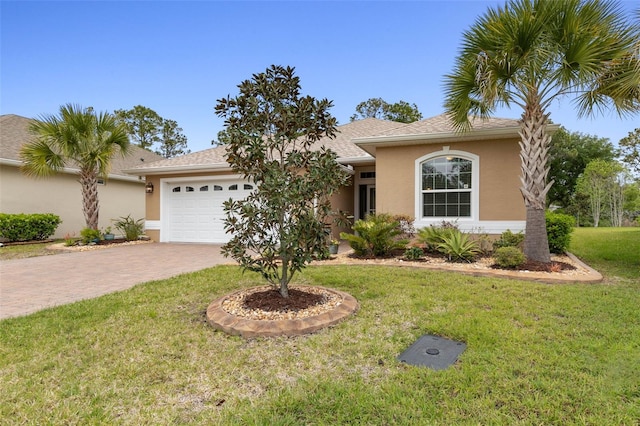 ranch-style house featuring a front yard and a garage