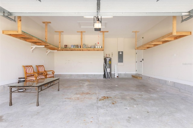 garage featuring water heater, a garage door opener, and electric panel