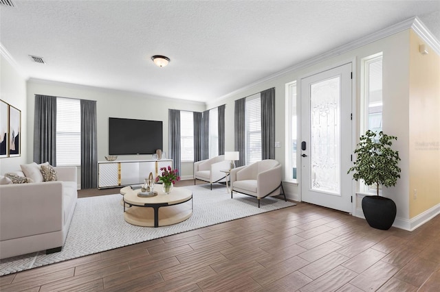 living room with plenty of natural light, ornamental molding, and a textured ceiling