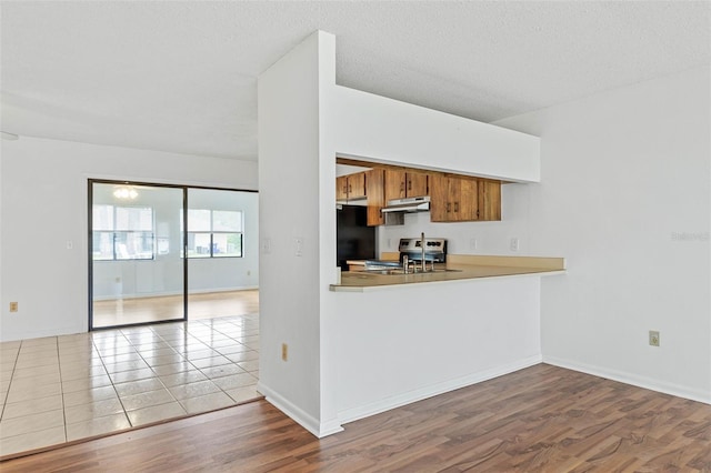 kitchen featuring range with electric cooktop, black refrigerator, light hardwood / wood-style floors, and a textured ceiling