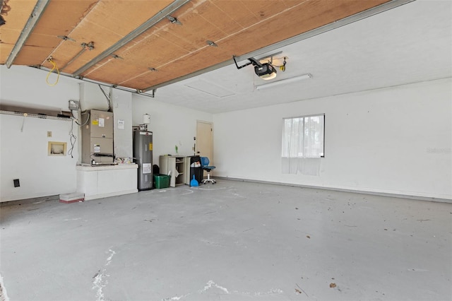 garage with heating utilities, a garage door opener, and water heater