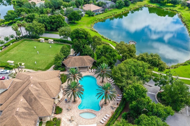 drone / aerial view with a water view