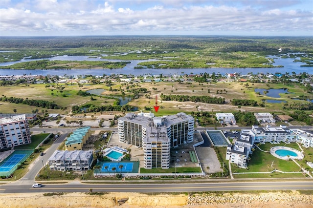 aerial view featuring a water view