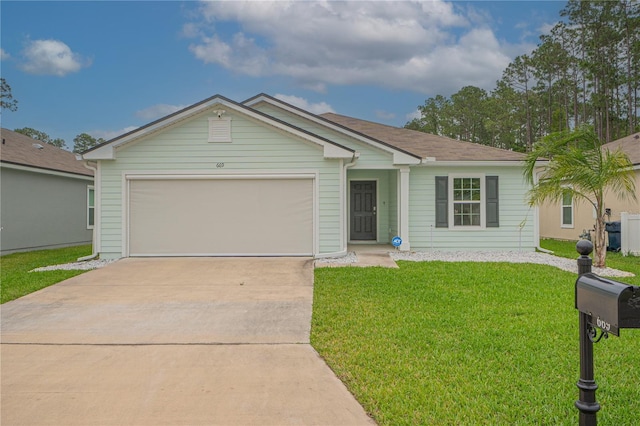 single story home with a front lawn and a garage