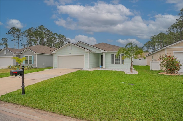 ranch-style house with a front lawn and a garage