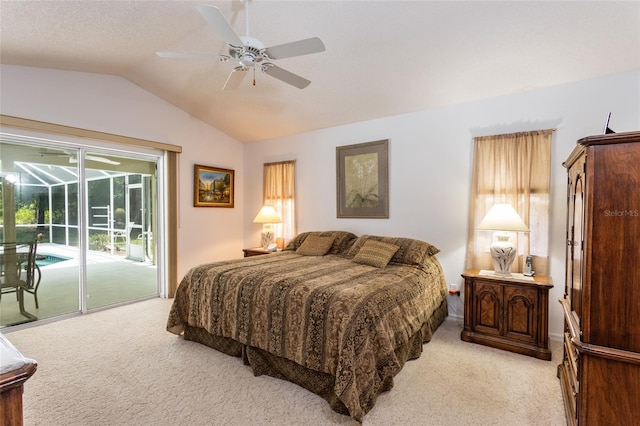 bedroom with ceiling fan, access to exterior, lofted ceiling, and light colored carpet