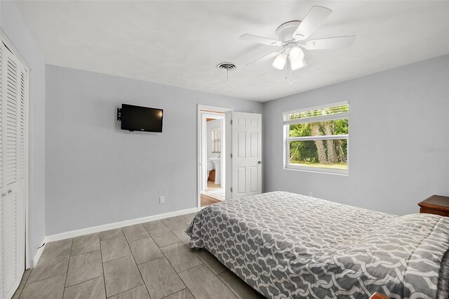 bedroom featuring ceiling fan and a closet