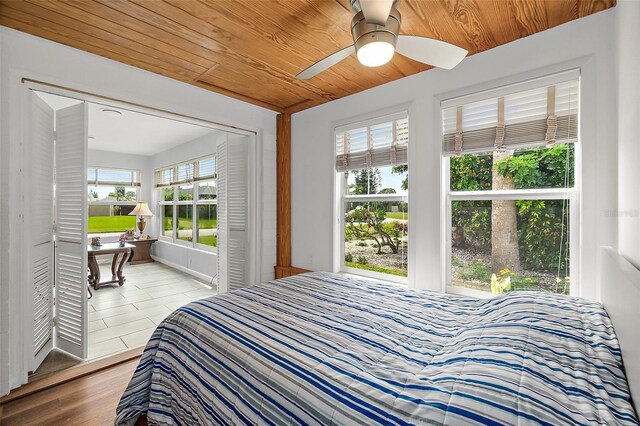 bedroom featuring ceiling fan, wood ceiling, hardwood / wood-style floors, and a closet