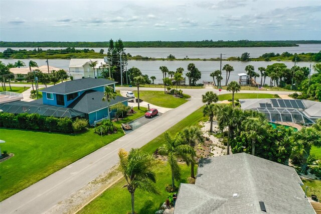 bird's eye view with a water view