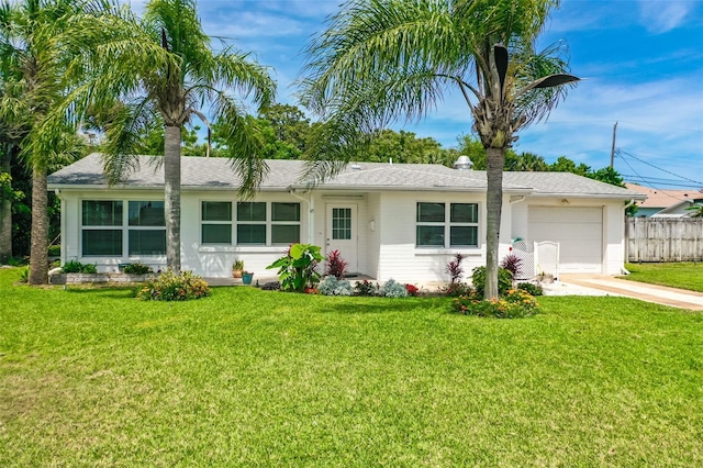 single story home featuring a front lawn and a garage