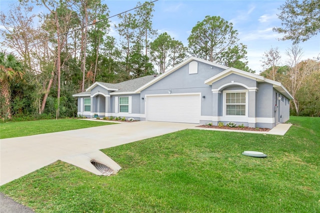 single story home featuring a front yard and a garage