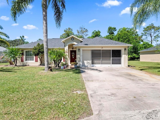 ranch-style house with a front yard and a garage