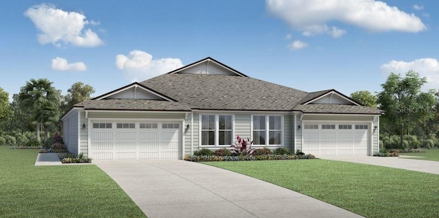 ranch-style home featuring a garage and a front lawn