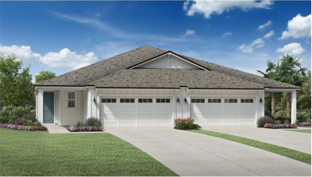 ranch-style home featuring a garage and a front yard