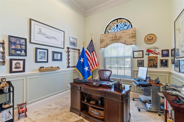 office space featuring crown molding and light tile flooring