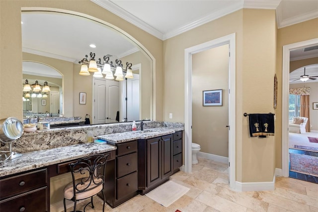 bathroom featuring tile flooring, ceiling fan, vanity, and ornamental molding