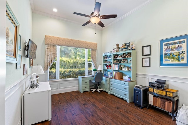 office area with dark hardwood / wood-style floors, ceiling fan, and ornamental molding