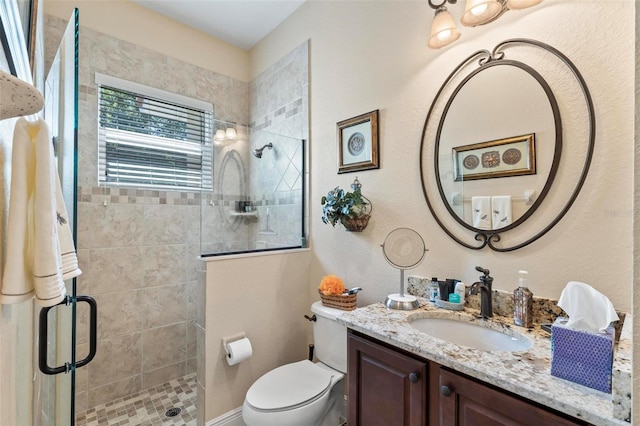 bathroom with an enclosed shower, toilet, and vanity