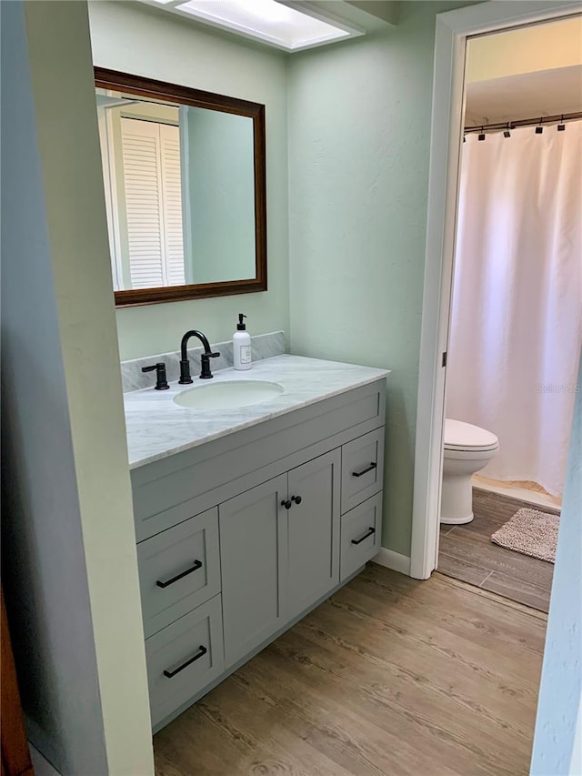 bathroom featuring toilet, vanity, and wood-type flooring