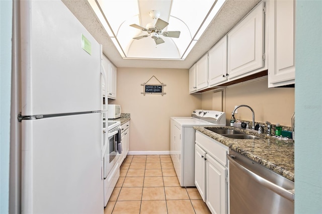 kitchen with white cabinetry, ceiling fan, white appliances, and light tile floors