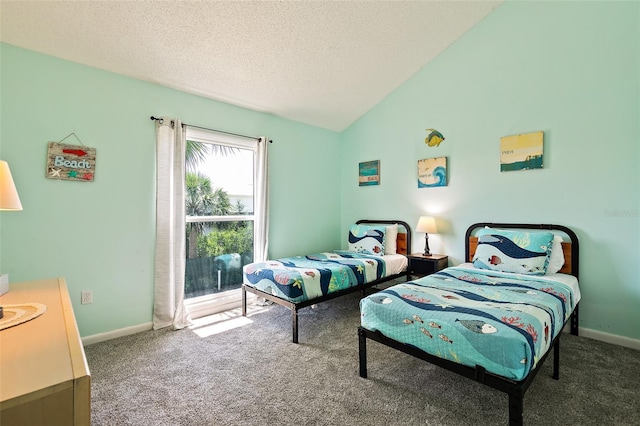 bedroom with high vaulted ceiling, dark carpet, and a textured ceiling