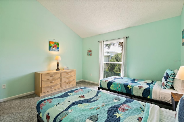 carpeted bedroom featuring lofted ceiling and a textured ceiling