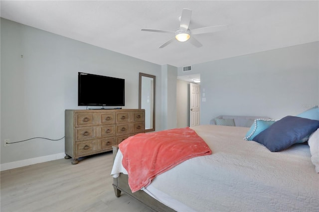 bedroom with ceiling fan and light hardwood / wood-style floors