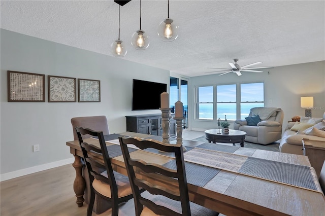 dining area featuring hardwood / wood-style flooring, ceiling fan, and a textured ceiling