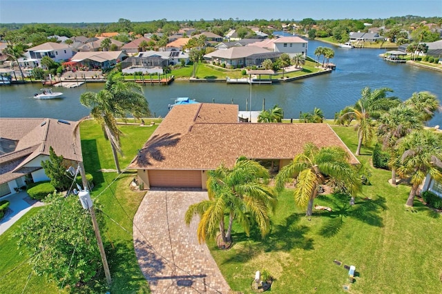 bird's eye view with a water view