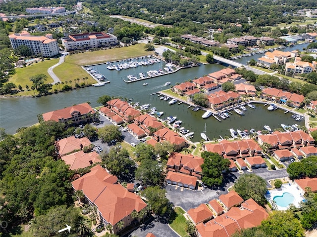 bird's eye view with a water view